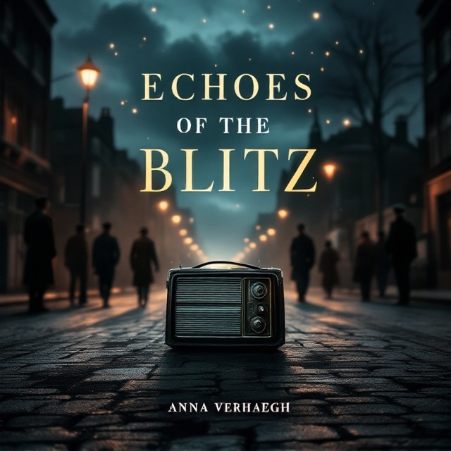 The cover features a 1940s radio centrally placed on a dark tarmac street. On each side of the street, subtle street lights illuminate the surroundings, providing a faint glow that contrasts with the silhouettes of soldiers on the left and civilians on the right. The background showcases dark, cloudy skies with sporadic light fragments from distant bombs. Faint outlines of buildings frame the scene, enhancing the atmospheric tension.