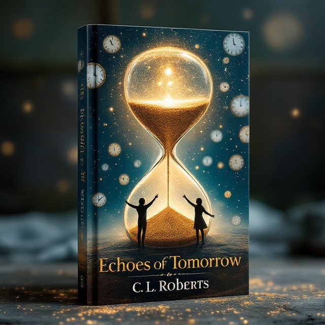 A mystical hourglass at the center spilling waves of sand, each grain reflecting fragmented images of an ancient world. Faint echoes are depicted as transparent rings emanating from the hourglass. Surrounding this, ghostly silhouettes of siblings, arms outstretched as if reaching through time, navigate a world of floating clocks whose numbers are subtle yet visible against a starry night sky. Each clock face reflects a different era, hinting at their adventures through time. The background fades from deep indigo at the top to shimmering gold at the bottom, capturing a transition from mystery to discovery.