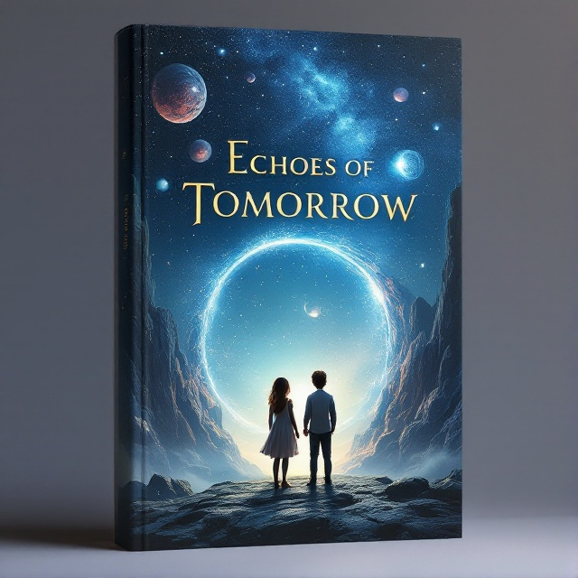 An ethereal scene depicts two siblings, a boy and a girl, standing on a rocky cliff under a twilight sky filled with strange planets and swirling stars. In the background, a mystical portal slightly open with shimmering light, casting enchanting reflections on the siblings, who appear both amazed and determined.