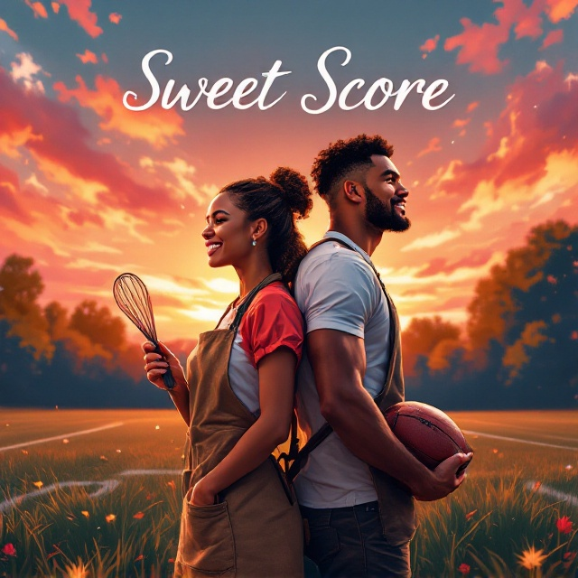 A vibrant illustration of a football field under a warm sunset, casting a burgundy hue. The female baker, with a joyful smile, stands confidently holding a whisk in one hand. She's depicted in a stylish, casual apron, exuding charisma and charm. The male football player, with a look of admiration, holds a football under one arm, dressed in sporty casual attire. Both characters stand back to back in the foreground, illustrating a dynamic and intimate connection. The field stretches into the background, creating a sense of depth and romantic atmosphere.