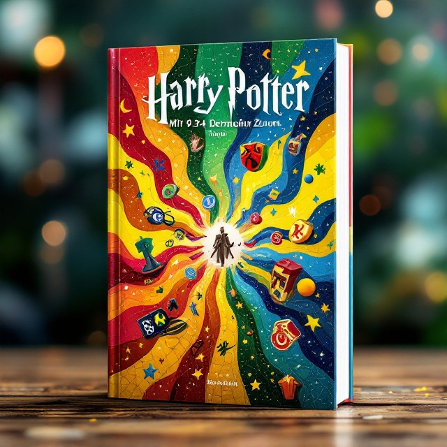 The cover features a vibrant and whimsical collage of elements from the magical world of Harry Potter. Floating in the foreground are various iconic logos, such as the lightning bolt, glasses, and a small silhouette of a broomstick, rendered in an energetic and colorful mosaic style. The background is an explosion of colors, with swirling patterns of red, yellow, green, and blue, representing the four houses of Hogwarts. The title, "Mit 9 ¾ Richtung Zukunft," is elegantly curved above the main imagery, evoking a sense of adventure and excitement.
