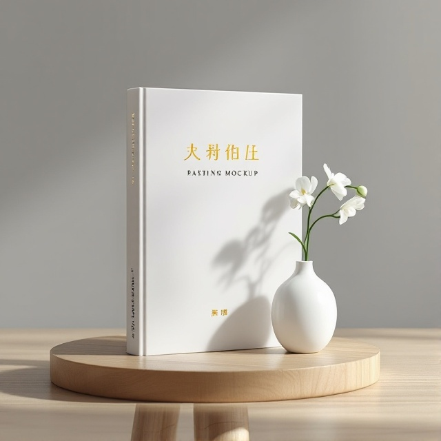 A minimalist wooden table with delicate grains, featuring a single white porcelain vase containing a single elegant orchid. The backdrop is a soft, serene grey, allowing the simplicity and elegance of the vase and flower to stand out, capturing the balance of beauty and depth.