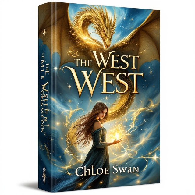 A dynamic scene with a swirling sky of deep blue and gold. The giant golden dragon takes up the upper two-thirds, wings partially spread with shimmering, detailed scales and wise, fierce eyes. Beneath, the 17-year-old girl stands confidently in the foreground, her flowing brown hair and modern-fantasy attire highlighting her connection to the dragon. Golden energy swirls around her fingers, conveying her harnessing magical power.