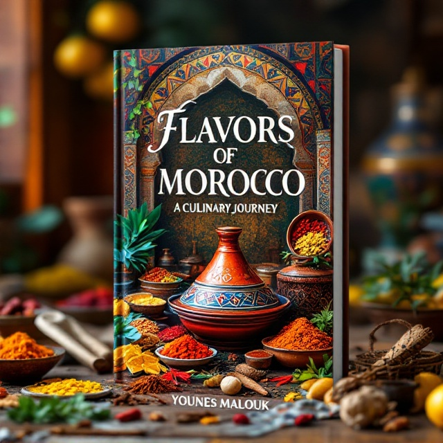 A vibrant and colorful depiction of a Moroccan market scene with various spices, traditional ceramics, and intricate Moorish patterns in the background. The imagery highlights elements such as saffron, cumin, and preserved lemons, reflecting authenticity. The cover features a Tagine pot in the foreground, symbolizing Moroccan cooking, surrounded by a palette of warm tones like reds, oranges, and ochre.