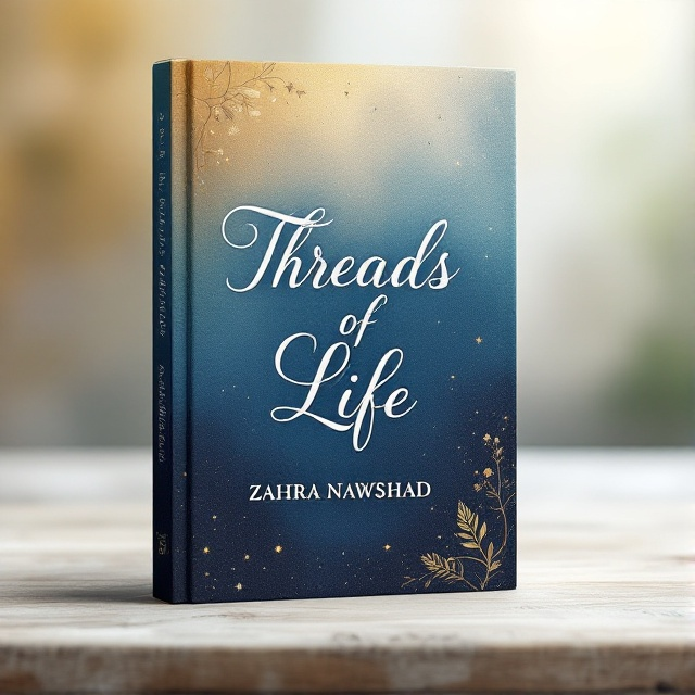 A softly blurred, abstract background transitions from warm golden hues at the top to deep blues at the bottom. The title "Threads of Life" is elegantly scripted, with the letters flowing like a woven thread in a deep indigo. Faint illustrations of leaves and stars delicately line the borders, invoking growth and connections.