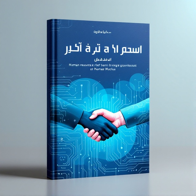 A background featuring a gradient of blue and white colors, with abstract geometric patterns to symbolize the fusion of technology and human resources. The focal point is a stylized circuit board pattern that intertwines with silhouettes of two hands shaking, suggesting collaboration and modern management techniques.