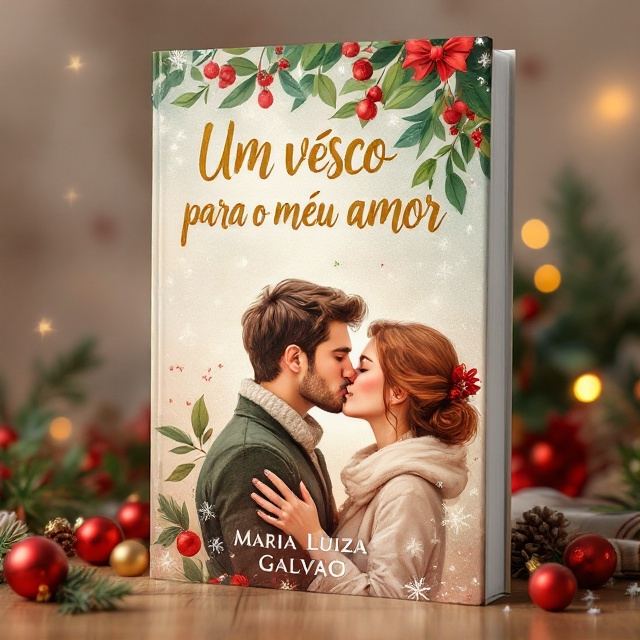 The cover features a close-up illustration of a couple sharing a tender kiss under a sprig of mistletoe. Their affection is captured in a warm embrace, with subtle blushes on their cheeks to evoke emotion. Surrounding them are delicate snowflakes and Christmas ornaments, adding a festive touch. In the background, there is a soft, watercolor blend of reds and greens conveying a cozy Christmas ambiance.