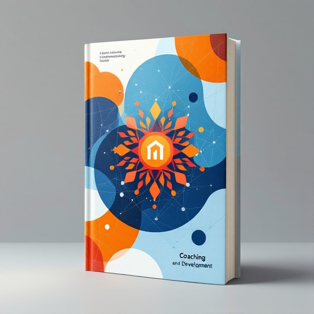 The cover features a dynamic interplay of blue, orange, and white, with abstract geometric shapes symbolizing interconnectedness and dynamism in human resource management. A network of lines and nodes subtly overlays the background, indicating connections and growth. The central focus is a bold, vibrant symbol representing coaching and development.