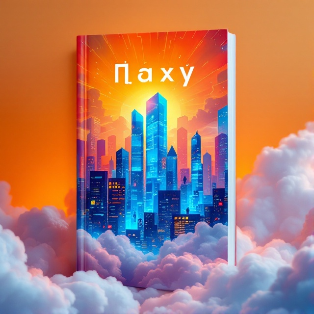 An ethereal cityscape made of glowing blue glass towers, reflecting a fiery orange sky, surrounded by wispy white clouds. In the foreground, silhouettes of figures in dynamic poses, suggesting strategic movements, are outlined in vibrant orange and white.