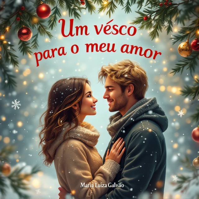 A cozy and intimate winter scene featuring Duda and Gustavo standing under a mistletoe, surrounded by soft, gently falling snow. Duda with her shoulder-length brown hair and petite frame, and Gustavo, tall with blonde hair, are looking into each other's eyes. Their expressions are a mix of warmth and playfulness. Around them, festive Christmas decorations like baubles and twinkling lights enhance the seasonal mood.