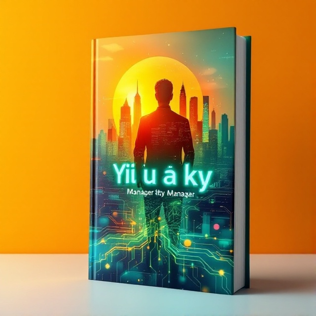 A dynamic scene with a futuristic cityscape in turquoise and orange hues occupying the upper half, transitioning to a lush green data network imagery below. At the center, an abstract silhouette of a manager in a strong, confident pose bridges the two scenes.