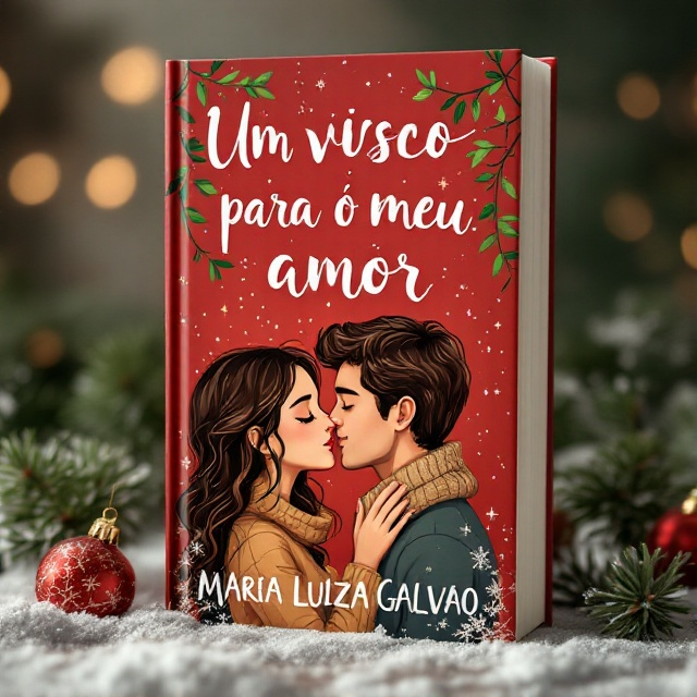 The cover features a charming scene of Eduarda and Gustavo under a sprig of mistletoe. They are about to share a tender kiss, with their eyes closed and gentle smiles. Surrounding them are delicate Christmas ornaments and softly falling snowflakes. The background is a warm, festive red, evoking the cozy and romantic atmosphere of Christmas.