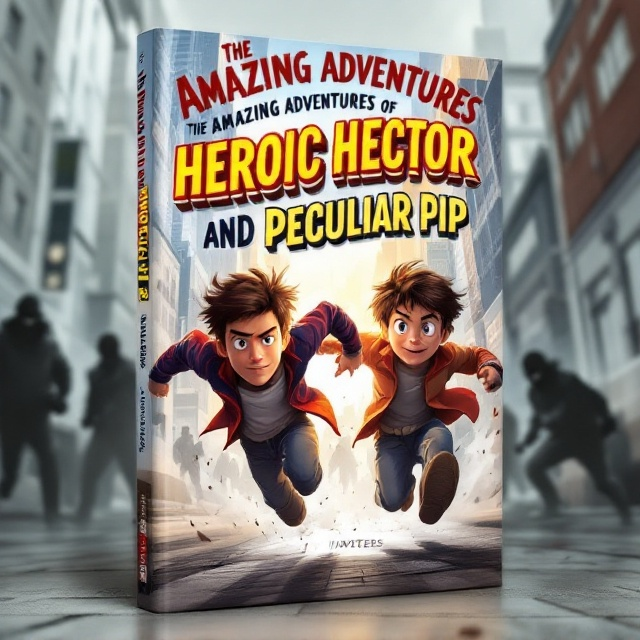 The cover features an action-packed scene in a bustling city setting, with the two boys, Hector and Pip, captured mid-chase. Hector has a determined look, and Peculiar Pip is slightly behind, displaying a quirky expression. They're weaving through the crowded streets, dodging obstacles, and both have features that signify their characters' essence. In the background, tall grey skyscrapers create an urban jungle, hinting at their adventure. Faint outlines of mysterious criminals are visible ahead.
