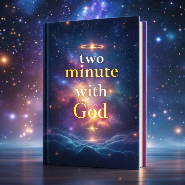 An ethereal skyline filled with stars and nebulae, where the expansive galaxy creates a sense of connection to the greater universe. A subtle halo of light emanates from the book title, symbolizing a divine presence. The backdrop transitions from deep purples and blues to radiant whites, with softly glowing celestial bodies scattered throughout.