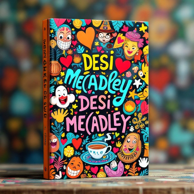A whimsical, colorful collage featuring traditional South Asian elements like a sitar, spices, and a cup of chai intertwined with humorous cartoonish elements like comical faces and exaggerated expressions of love. The background is a lively mix of bold patterns with subtle hints of hearts creatively integrated.