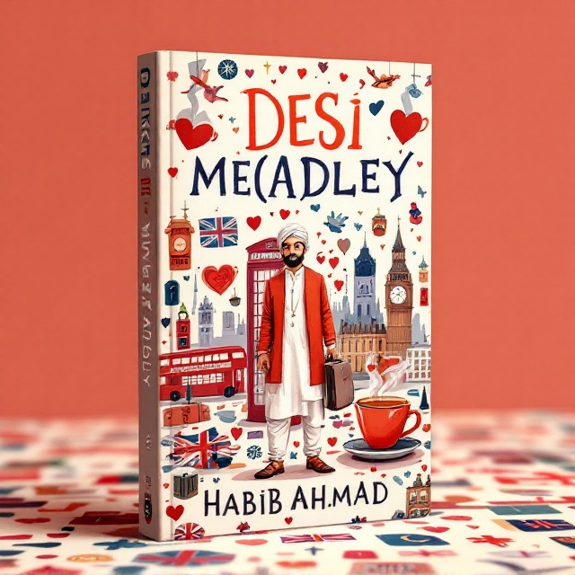 A whimsical illustration of a Pakistani man in traditional attire, with a suitcase in hand, standing perplexed amidst iconic British symbols like a red telephone booth, a London bus, and a cup of tea with steam forming into heart shapes. The background is a vibrant mix of British and Pakistani cultural patterns, subtly blending together.