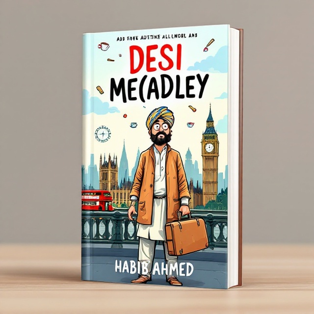 The cover features a quirky, cartoonish illustration of a Pakistani man wearing traditional attire with a suitcase in hand and looking bewildered. Behind him is the backdrop of the iconic London skyline, with Big Ben and a double-decker bus, to evoke the sense of his first-time arrival. Interspersed are humorous elements such as floating teacups and cricket bats that symbolize British culture and humor.
