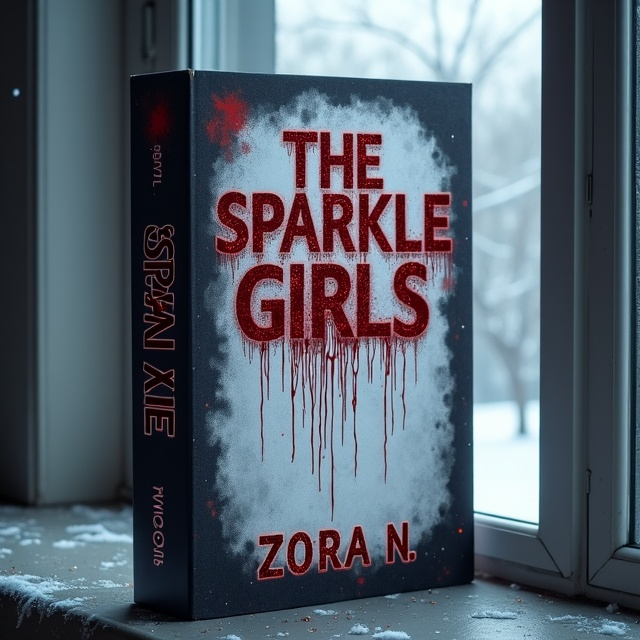 The cover features a fogged-up window as the central element. Sparkly blood trickles down the glass, contrasting against the window's opacity. Beyond the glass, an indistinct snowy landscape under an overcast sky looms, creating an atmosphere of gloom. The sparkle in the blood suggests something both mysterious and menacing.