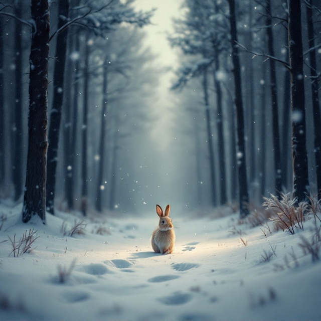 The cover presents a tranquil snow-covered forest scene at dusk, with soft, muted colors creating a warm yet melancholic mood. A solitary rabbit is depicted mid-hop through the snow, leaving faint prints behind. Gentle snowflakes fall throughout the scene, adding a delicate texture. The forest background, composed of tall, slender trees, fades softly into the distance, enhancing the sense of isolation and calm.