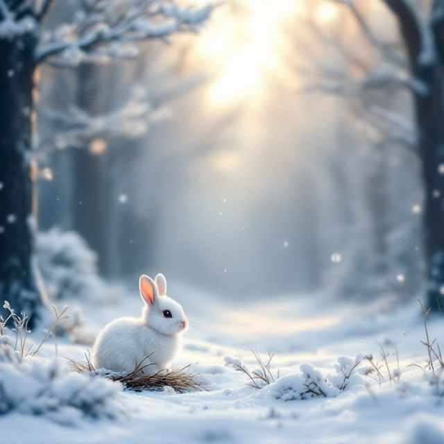 A serene winter forest scene with gentle snowfall. In the foreground, a small rabbit, with soft white fur, nestled cozily near a small pile of snow-covered branches. The forest extends into a warm horizon, with pastel hues suggesting the ambient light of dawn or dusk.