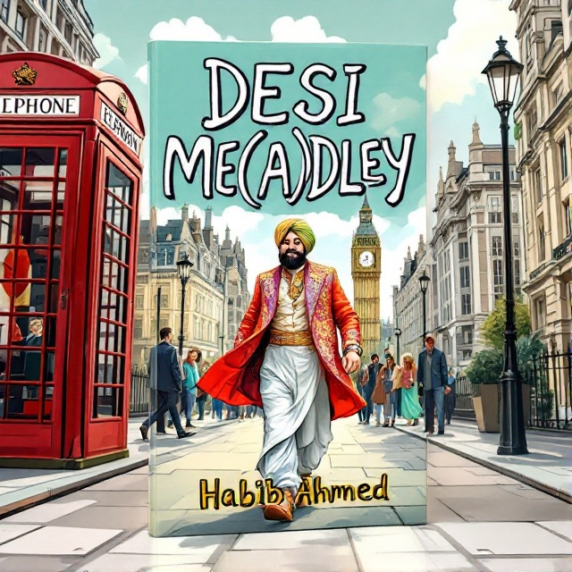 A playful illustration of a traditional Pakistani man in vibrant attire, confidently walking through a classic London street, juxtaposed with iconic British elements like a red telephone box and Big Ben in the background. The man appears larger than life, adding to the comedic effect, with exaggerated expressions on the faces of British onlookers.