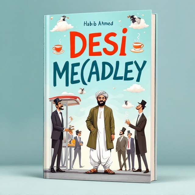 A comical illustration of a Pakistani man dressed in traditional attire standing awkwardly at a classic British bus stop. Around him are exaggerated figures of English men in suits, all wearing monocles and top hats, chuckling and bemused. Above them, whimsical clouds with sheep and teacups playfully float, representing typical British motifs with a humorous twist.