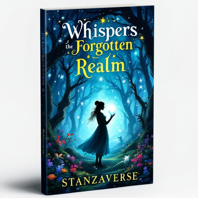 An ethereal depiction of an ancient, misty forest with trees shimmering in a deep blue glow. Lush foliage and vibrant flowers create a layered depth, leading to the silhouette of Lyra holding a radiant Crystal of Strength. Ethereal wisps and fantastical creatures float around her, while the sky transitions from dusk to a starry night.