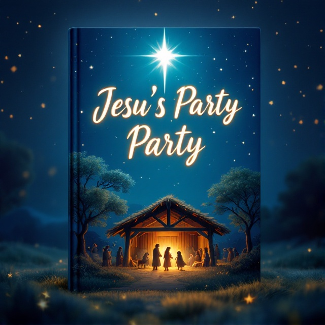 A serene nighttime scene with a large, glowing star dominating the sky. A stable is nestled beneath, casting warm, inviting light from within. The surrounding scenery is soft and magical, with twinkling stars in the deep blue sky that adds to the sense of enchantment.