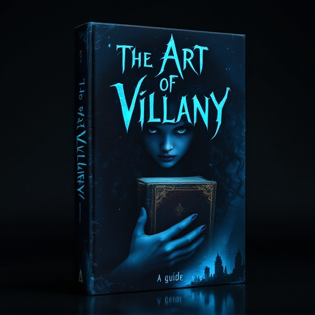 A shadowy scene envelopes the cover, depicting a girl just barely visible in the crescent of shadow, her puffy, curly hair blending into the dark backdrop. The focal point is her piercing, icy blue eyes, slightly aglow against the backdrop, suggestive of mystery and intensity. Clutched to her chest is an old, weathered book, its leather cover and worn edges peeking out in detail, symbolizing its revered importance to the story. Silhouettes of dystopian architecture lurk faintly in the background, hinting at a world in disarray.