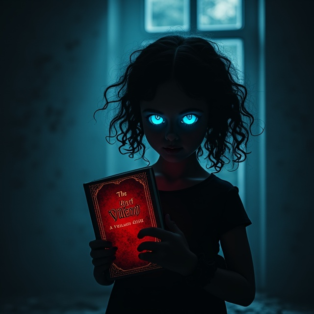 The cover features an enigmatic scene set in shadows. A silhouette of a girl with slightly puffy curly hair is subtly outlined, with only her bright icy blue eyes visible in the darkness. She clutches a weathered red dusty diary-book tightly, which is the only splash of color against the deep shadowy background. The shadows are rich and textured, creating an aura of mystery and intrigue.