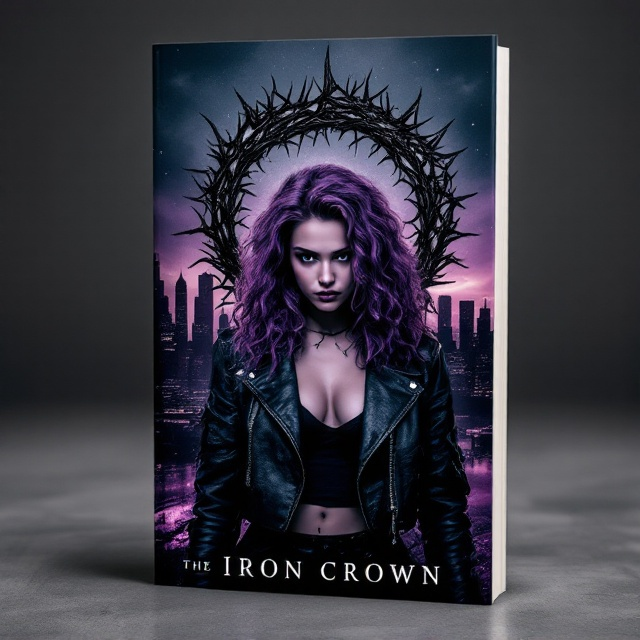 The cover features a dramatic scene with a black thorny crown prominently placed in the center. Behind the crown, a shadowy silhouette of a dystopian cityscape emerges, providing a dark, mysterious backdrop. In the foreground, a striking image of a girl with chest-length purple curly hair wearing a cropped, torn leather jacket stands defiantly. Her intense gaze directs towards the viewer, conveying a sense of rebellion and power. The overall color palette includes deep purples, blacks, and grays, with subtle highlights of metallic silver to emphasize the crown.