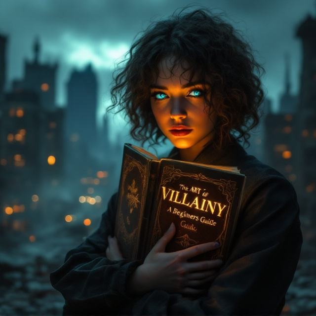 A desolate cityscape shrouded in shadow, where crumbling skyscrapers dominate the background. The scene exudes an eerie ambiance with a dark, misty sky above. In the foreground, a teenage girl is partially hidden in the shadows. Her striking puffy curly hair is slightly illuminated, and her glowing icy blue eyes are vividly showcased. She holds an ancient, dusty book with a glowing, intricate cover close to her chest, suggesting its significance.
