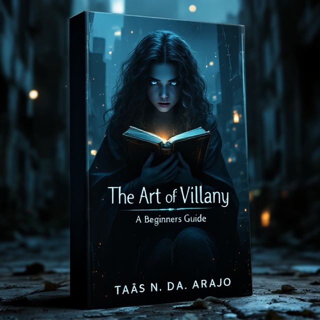 The cover portrays a dystopian cityscape, where shadows of tall, dilapidated buildings create a sense of foreboding. Dominating the foreground is a teenage girl, partially obscured by shadows, her puffy, curly hair subtly catching the dim light. Her icy blue eyes stand out, glowing intensely amidst the darkness. She holds an ancient, worn book with a glowing cover close to her chest, suggesting its significance. The background melds into a gradient of deep blues and blacks, punctuated by minimalistic city lights, enhancing the eerie, suspenseful atmosphere.