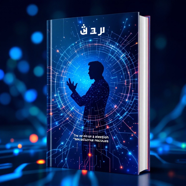 A silhouette of a famous individual engaged in a dynamic gesture dominates the center, with a digital network pattern spiraling outward. The background features an abstract blend of deep blues and vibrant neon lines, suggesting a modern technological theme.