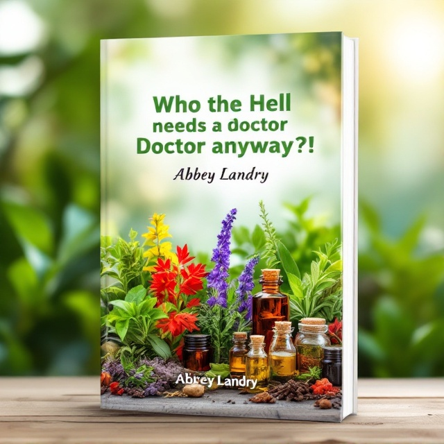 standing book mockup, Its title is "Who the Hell Needs A Doctor Anyway?!". Its author name is Abbey Landry.  A vibrant and lush array of herbs and tinctures in various small glass bottles along the bottom half of the cover. Their vivid colors create an eye-catching spectrum of greens, purples, reds, and yellows. The background is a soft, slightly blurred image of leafy green plants, giving a sense of depth and tranquility. A subtle overlay of sunlight filters through the top, suggesting a calming, natural light source. The title "Who the Hell Needs A Doctor Anyway?!" in a bold, modern sans-serif font, with an earthy green color that echoes the natural theme. The author's name, Abbey Landry, is written in a contrasting, delicate script in white, positioned at the bottom., The title is placed prominently in the upper third of the cover, ensuring it stands out against the softer background. The author's name is aligned centrally just beneath the main collection of herbs, maintaining a balanced composition. The vibrant herbs serve as a natural divider between the title and the author’s name.