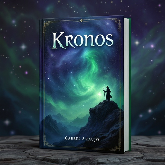 A mystical scene with a lone wizard standing atop a rocky cliff, his silhouette cast against a swirling sky. The sky transitions from a deep purple at the top to vibrant green at the horizon, filled with stars and faint magical glyphs. The wizard's robes flutter in an intangible breeze, with faint glimmers of light emanating from his staff, creating an ethereal atmosphere.