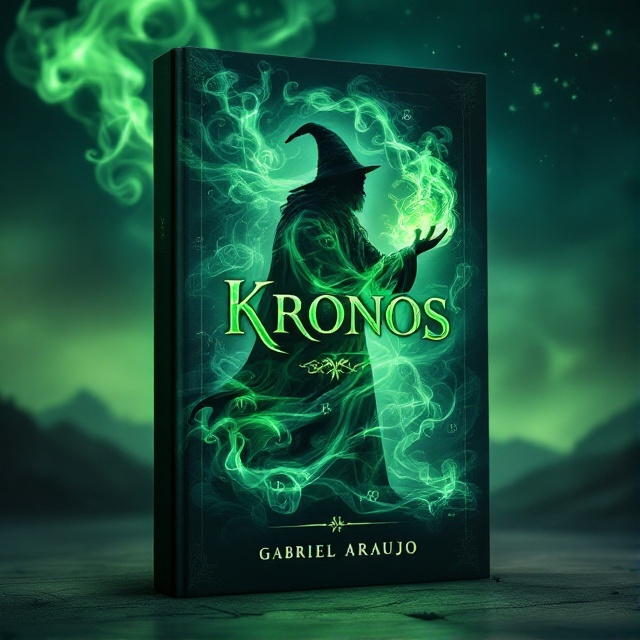 A silhouette of a wizard conjuring a swirl of luminous green smoke. The smoke spirals and expands across the cover, revealing glimpses of magical runes and ancient symbols. In the background, a distant ethereal landscape fades into a dark, starry sky, accentuating the mystical aura.