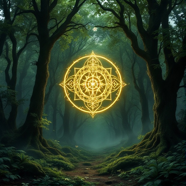 A mysterious green forest with towering ancient trees fills the background. In the center, a glowing, intricate magical rune hovers, casting a subtle light that dances across the forest floor. A faint mist weaves through the trees, creating a mystical atmosphere. The moon peeks through the branches, adding ethereal illumination.