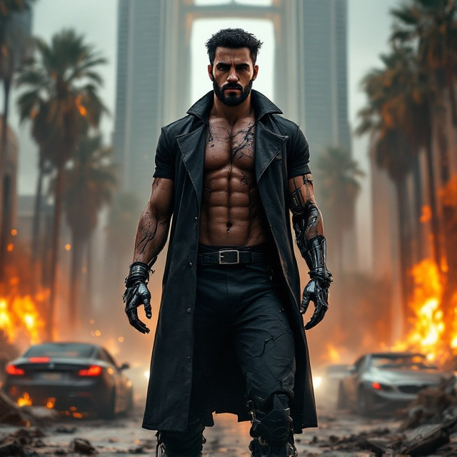 The cover features a visually arresting apocalyptic scene dominated by a tall, athletic man. His black short-sleeve shirt and pants are charred and tattered. He has an Arab Muslim appearance, with black hair and beard, etched with scars and gleaming metal parts on his face. His left arm is exposed, revealing deep cuts and a robotic structure underneath, while his left leg's damage shows its robotic interior. Clad in a time-worn black leather coat, he stands defiantly before the luxurious but ravaged Abu Dhabi building, surrounded by fires and damaged cars. The color palette is intense, with deep blacks, fiery reds, and stark grays conveying suspense, emotion, and chaos.