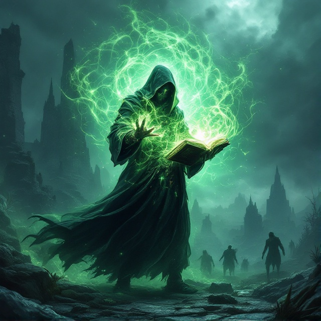 In the foreground, stands a mysterious wizard shrouded in a cloak of swirling green mist, casting an intricate spell from an ancient tome glowing with enchantment. Behind him, a vast landscape of mystical ruins and towering trees crumbles majestically into a horizon filled with stormy skies. Ethereal silhouettes of mythical creatures linger in the background, adding depth and intrigue to the scene.