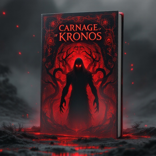 A dark, foreboding landscape shrouded in mist occupies the background, with a haunting silhouette of Kronos, the ancient deity, looming large with glowing red eyes. Surrounding him are mystical, swirling red sigils and shadows, adding an aura of mystic magic. The crimson hue dominates, with hints of black and grey to enhance the horror theme.