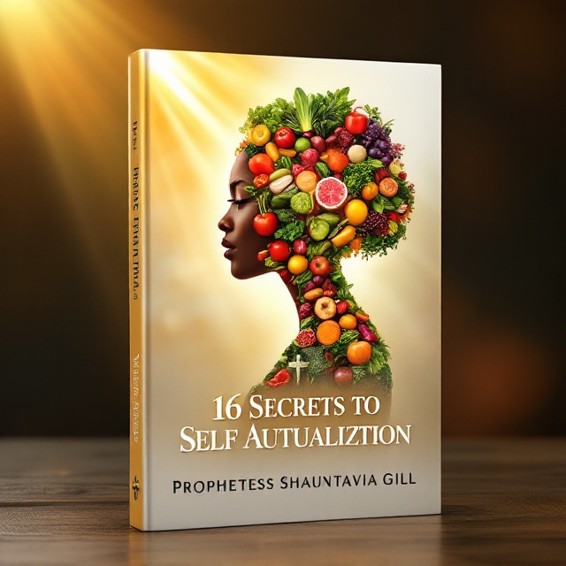 The cover features a silhouette of a Black woman composed of an array of vibrant, healthy foods. Sunrays beam from the top left, casting a warm, golden glow across the entire cover. A faint Christian cross is softly blended into the background, symbolizing spirituality and faith. The earthy palette consists of rich greens, warm browns, and deep golds, creating an inviting and harmonious feel.