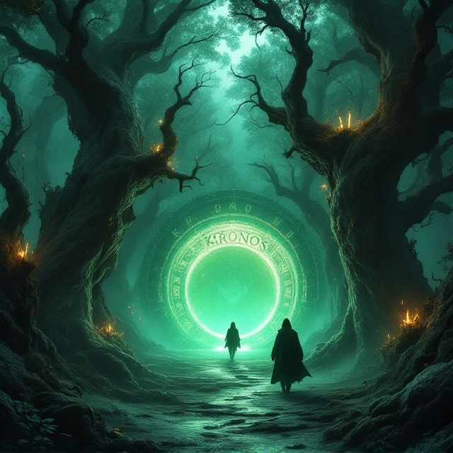 A mystical forest scene bathed in twilight, with ethereal green mist swirling around ancient, oversized trees. The trees have glowing runes etched into their bark. In the foreground, a mysterious, shimmering portal stands open, casting a soft greenish hue. A faint silhouette of a cloaked figure steps toward the portal, leaving a trail of luminescent footprints.