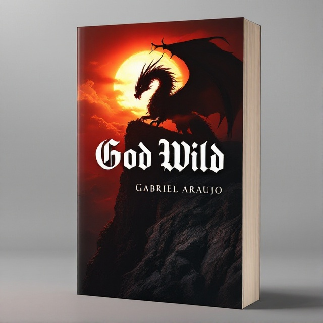 A shadowy silhouette of a magnificent dragon perched on a rugged cliff against a dramatic sunset sky. The fiery sun bathes the scene in a palette of warm reds and oranges, creating a magical and intense atmosphere. The dragon, partially obscured by clouds, exudes mystery and power.