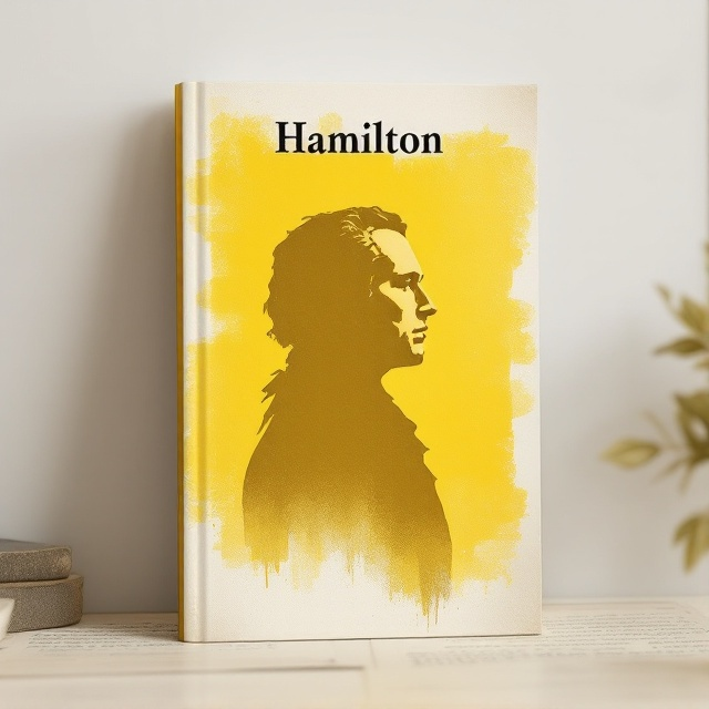 An abstract representation of a silhouette of Alexander Hamilton, rendered in a single, blocky outline, takes center stage. The silhouette is filled with a textured gradient from yellow to white, creating a sense of depth while maintaining the simple primary color preference. In the background, subtle shadows hint at historical documents and scripts to reinforce the historical context without being overt.