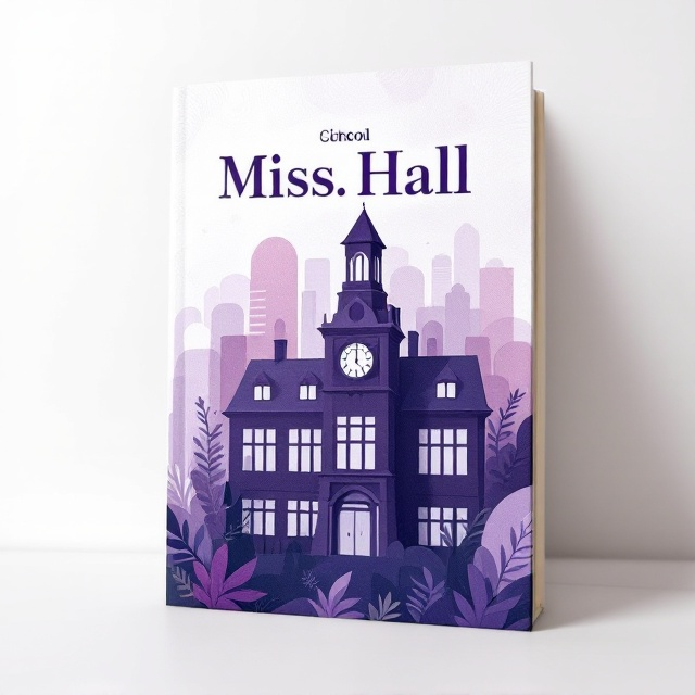 A striking silhouette of a school building, crafted in a combination of deep purples and lighter lavender hues, dominates the center. The building is surrounded by abstract geometric shapes representing books, subtly integrated into the background. A light, swirling texture overlays the background to add a sense of nostalgia and whimsy.