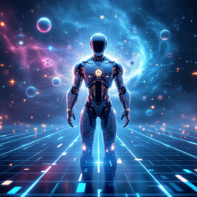 A futuristic landscape with a digital grid extending across the foreground, symbolizing the digital realm. In the center, a sleek, humanoid robot stands poised with glowing, intricate circuitry visible through translucent panels, suggesting advanced technology. The background features a swirling nebula of blues, purples, and whites, representing the boundless possibilities of AI and machine learning. Floating, semi-transparent icons depict atoms and mathematical equations, hinting at the fusion of physics and computation.