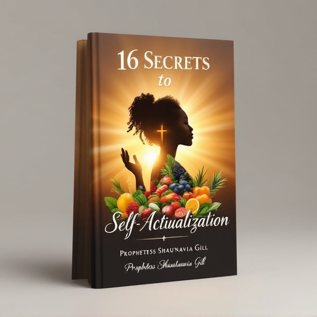 A silhouette of a black woman seamlessly integrated with an array of vibrant, healthy foods forms the centerpiece. The silhouette glows gently, suggesting inner peace and enlightenment. In the background, a subtle yet distinct Christian cross emerges, interwoven with soft sunrays that spread across the cover, imparting a serene aura. Earthy tones dominate, creating a warm, inviting atmosphere that embodies tranquility and happiness.