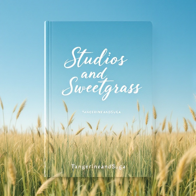 The cover features a serene landscape of sweetgrass fields under a cerulean blue sky. A gentle breeze sweeps across the grass, adding a sense of motion and romance. The scene is minimalist with a focus on the natural beauty of the setting, capturing the essence of simplicity and clarity.