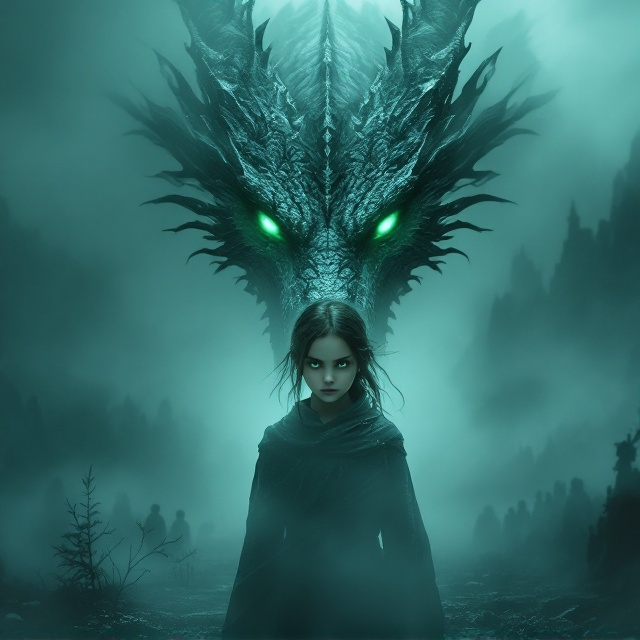 The cover depicts a misty and enigmatic landscape where a young girl with striking green eyes stands defiantly in the foreground. Behind her, the silhouettes of a dragon’s head emerges from a thick fog. The dragon's eyes glow subtly, reflecting the hint of rebellion in the girl's pose. Hidden within the layers of mist are faint outlines of an elite gathering, symbolizing the shadowy politics of Soliya. The colors of dark blue and green heavily saturate the background, creating a contrasting yet harmonious mood between the characters and their world.